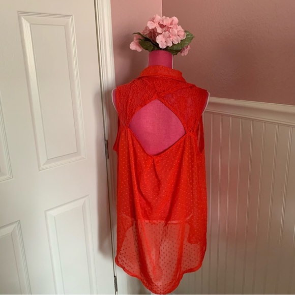 Orange/Red Sleeveless Pont d’Esprit Chiffon and Lace Button Down, size 2X - Picture 6 of 7